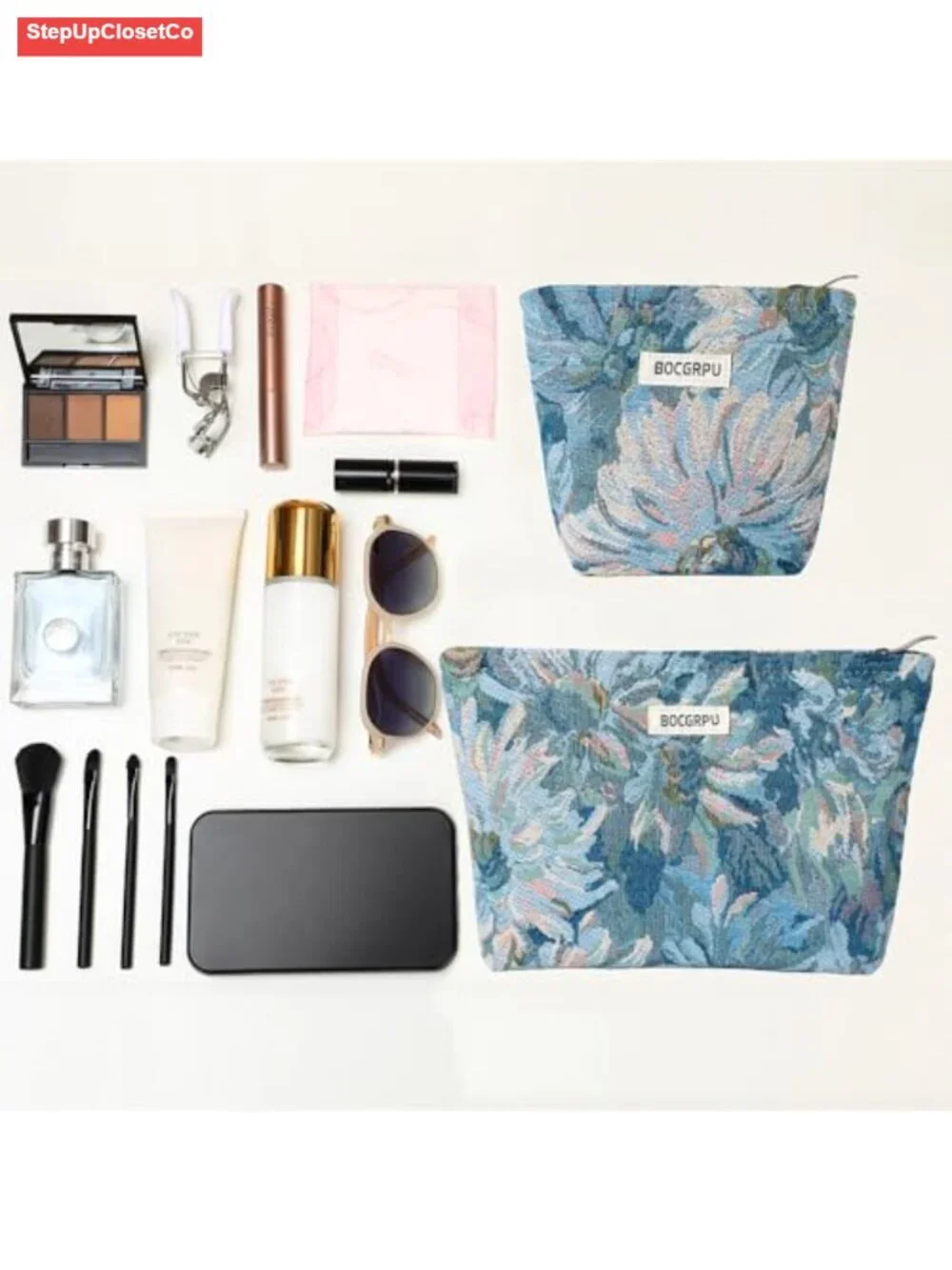 2-Piece Floral Jacquard Cosmetic Bag Set with Zipper, Travel Makeup Pouch